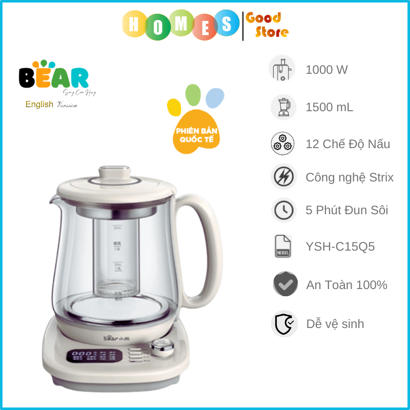 Ấm Siêu Tốc Bình Pha Trà Bear YSH-C15Q5 1.5L Công Suất 1000 W - Hàng Chính Hãng