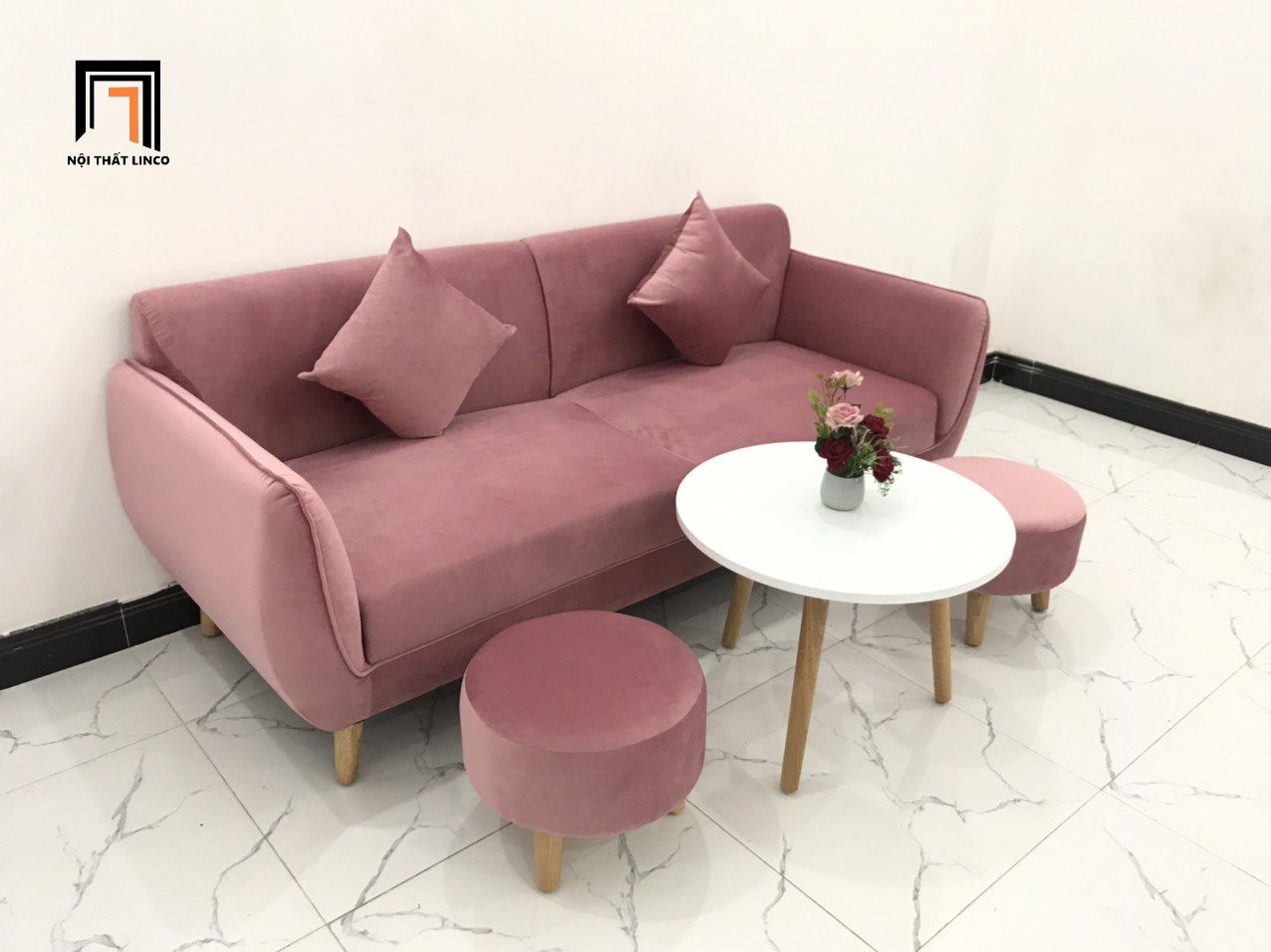 Bộ bàn ghế sofa phòng khách hồng cánh sen vải nhung nhiều kích cỡ
