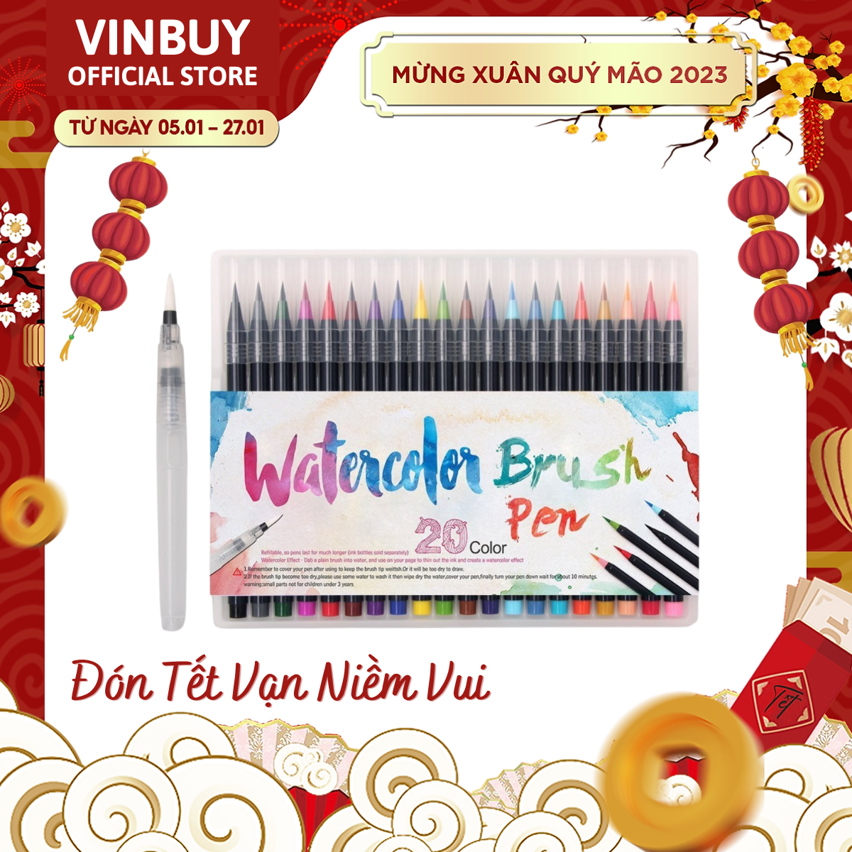 Bộ 20 bút lông màu nước cao cấp Water Color Brush Pen - Tặng 1 cọ Water Brush - Màu nước, màu vẽ, bút lông cao cấp Chính Hãng VinBuy