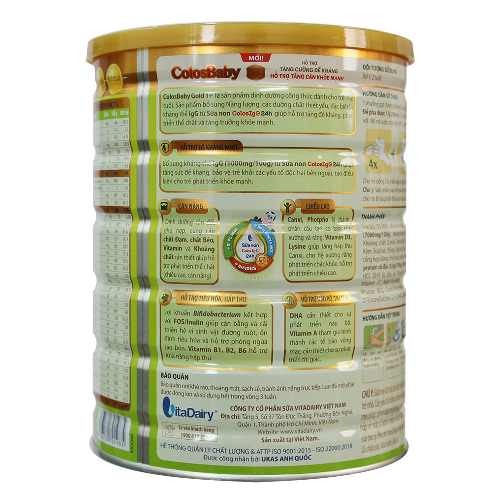Sữa Công thức Colosbaby Gold 1+ Mới vị THANH NHẠT lon 800G (1-2 tuổi)