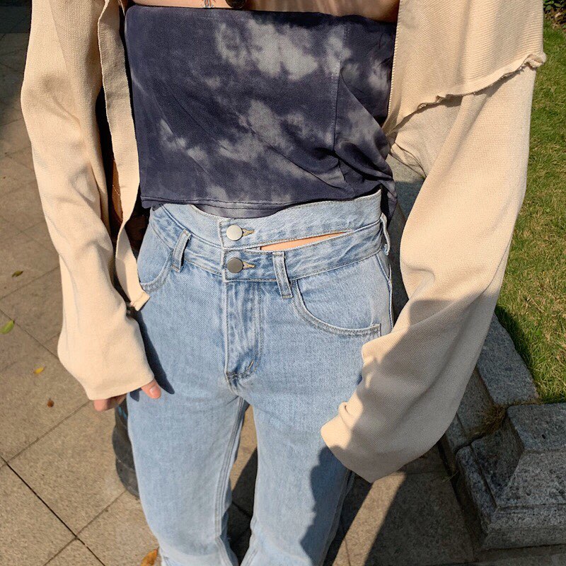 Quần Jeans bò nữ cạp cao lưng cao ống rộng xẻ gấu phong cách ulzzang Hàn Quốc