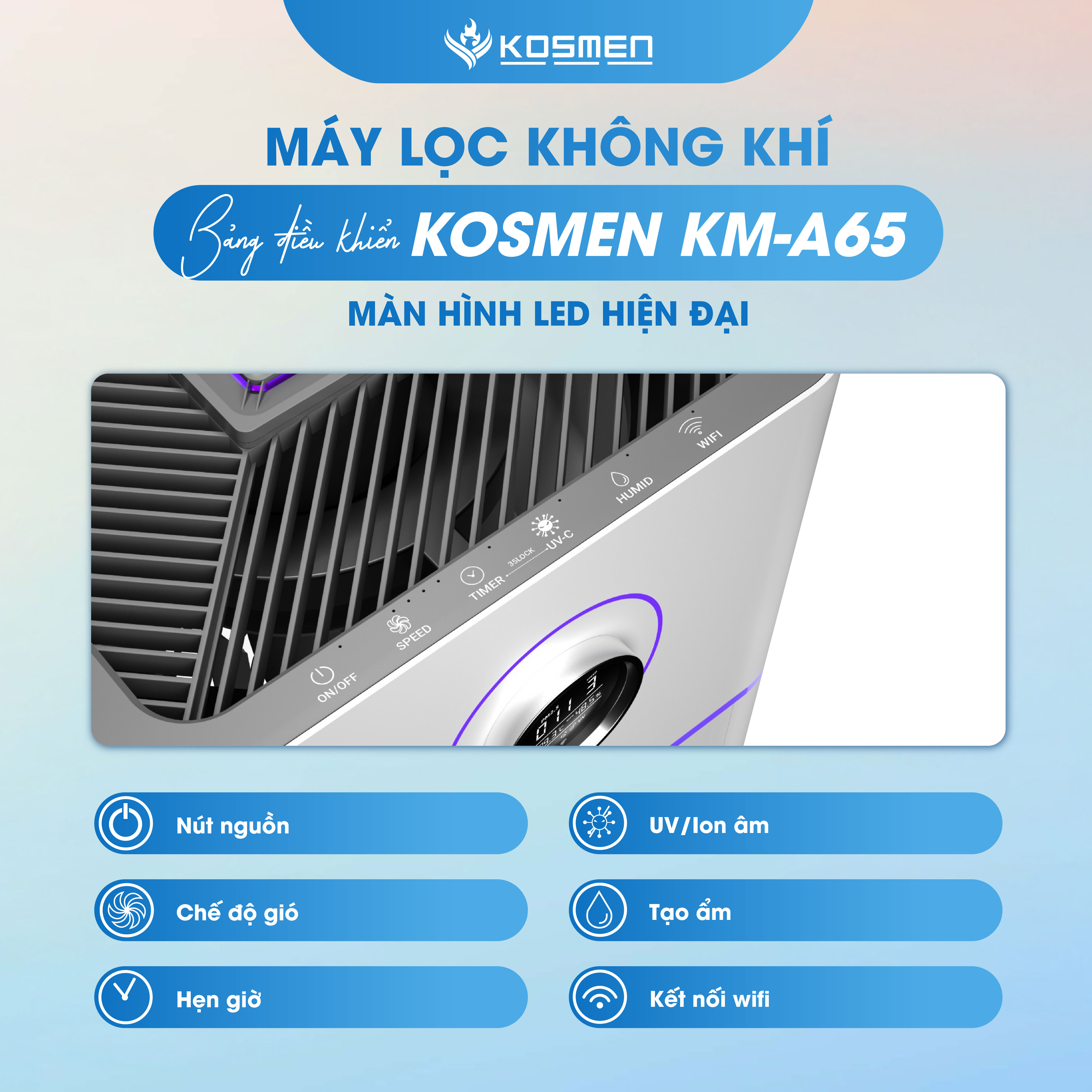 Máy Lọc Không Khí Kosmen KM - A65 Lọc Bằng Ion âm, Diệt Khuẩn Bằng Đèn UV, Khóa Trẻ Em - Hàng Chính Hãng BH 24 Tháng