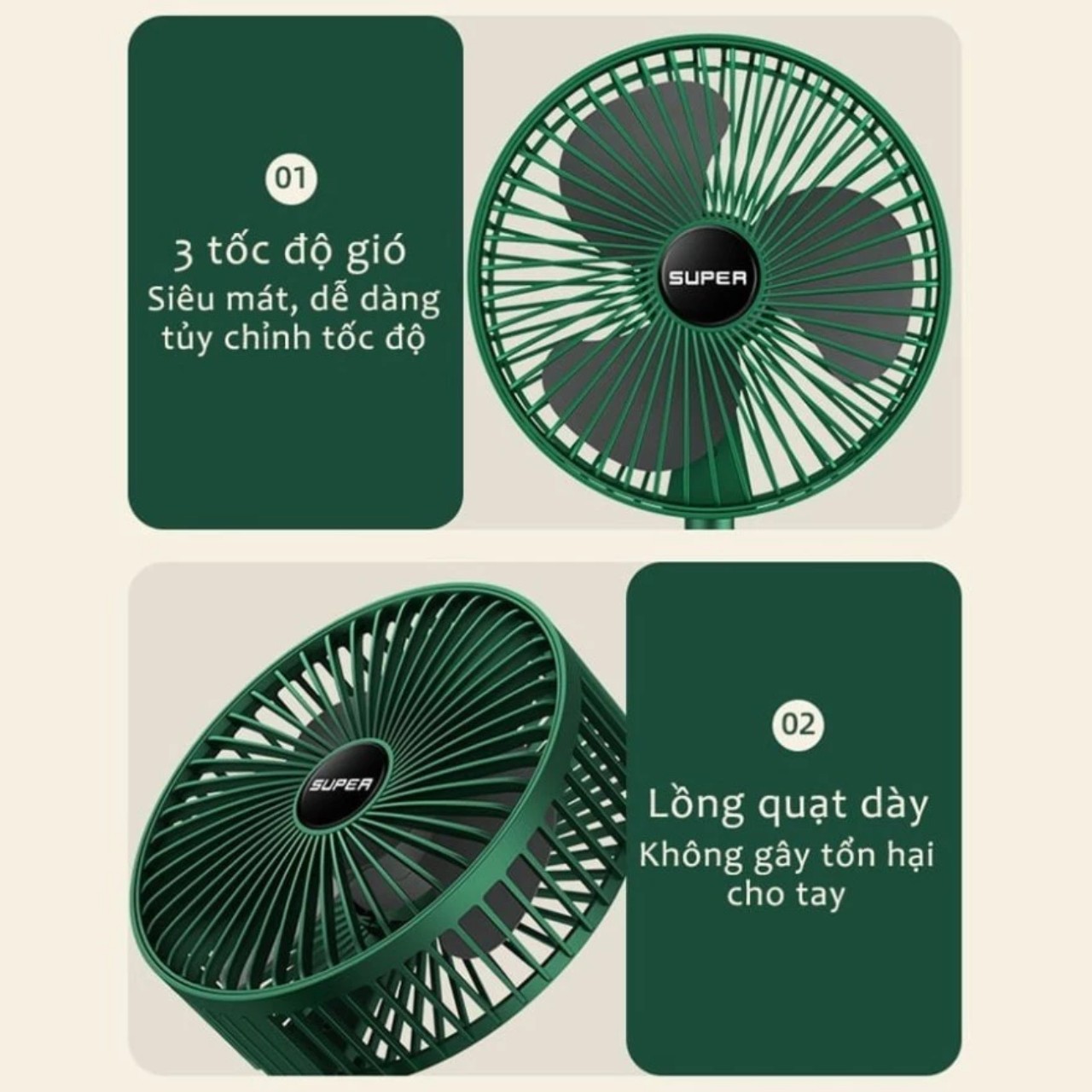 Quạjt Tích Điện Để Bàn Mijni Gấp Gọn: 3 Tốc Độ, Xoay 360 Độ, Pin Dung Lượng Lớn, ĐÈN TRANG TRÍ