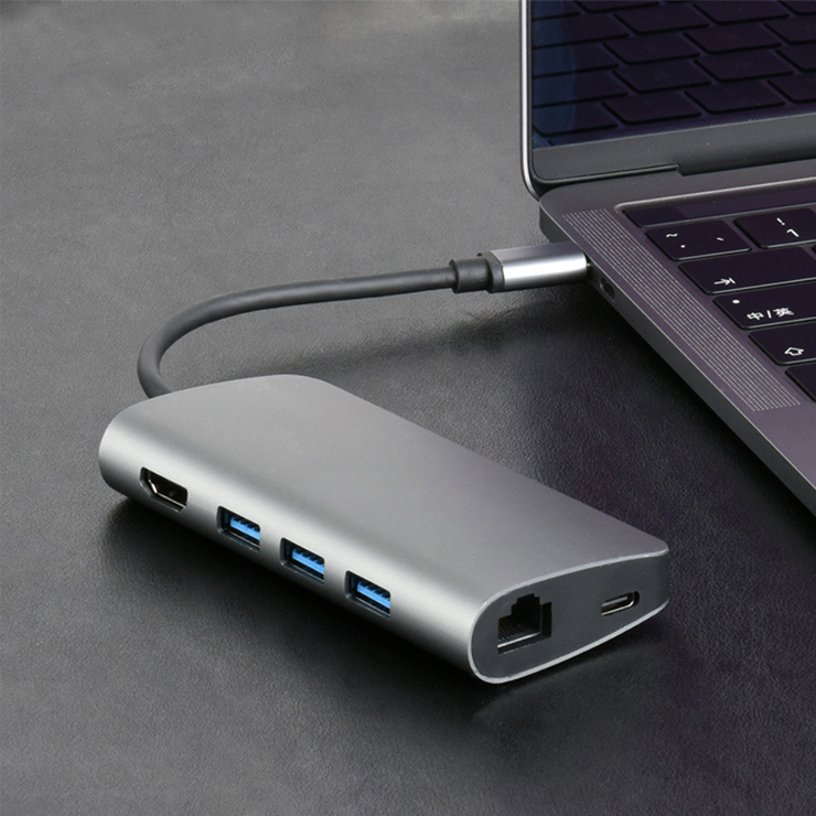 Hub USB Type-C 8 Cổng USB 3.0/HDMI/SD/TF/LAN Gigabit (RJ45) hỗ trợ sạc USB-C