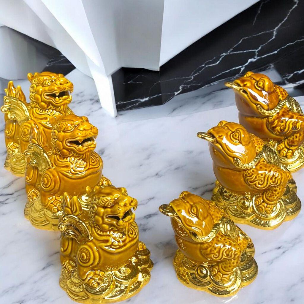 Cóc tỳ gốm nâu vàng dát vàng RỒNG VIỆT- Thiềm thừ, tỳ hưu phong thủy trang trí cho bàn thờ Thần Tài