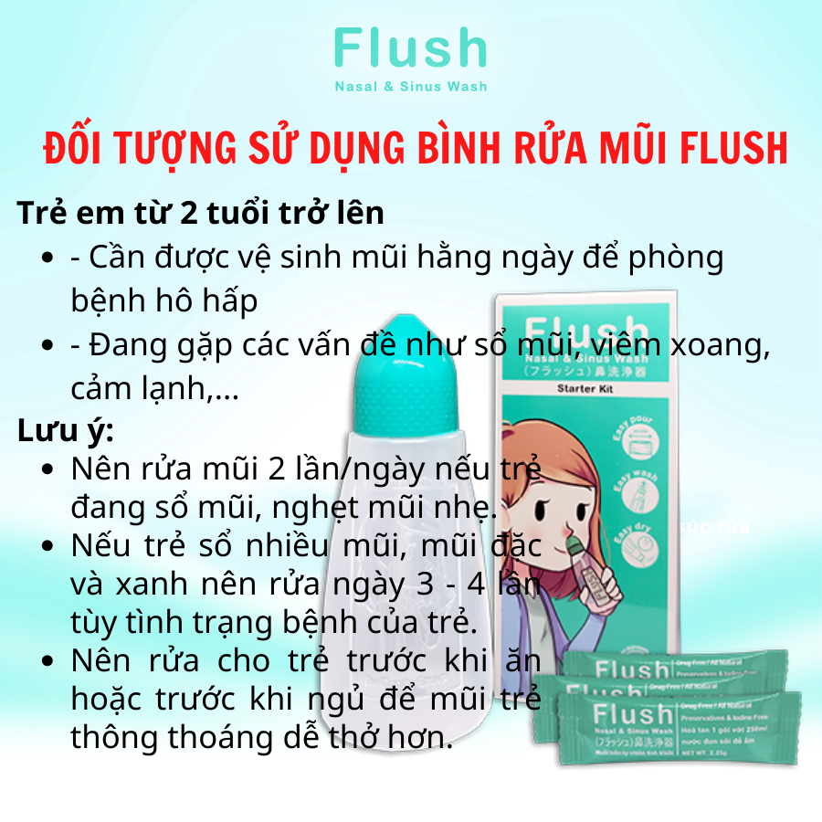 Combo Bình Rửa Mũi Cho Trẻ FLUSH Chính Hãng Gồm 1 Bình Và 60 Gói Muối Tinh Khiết