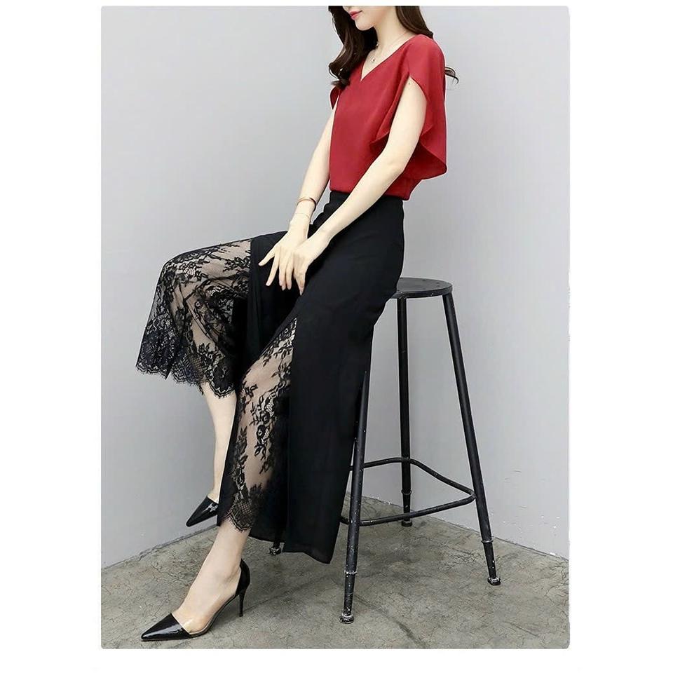 Set Bộ Áo Kiểu Quần Ống Rộng Phối Ren - Set Bộ Hàng Thiết Kế Cao Cấp
