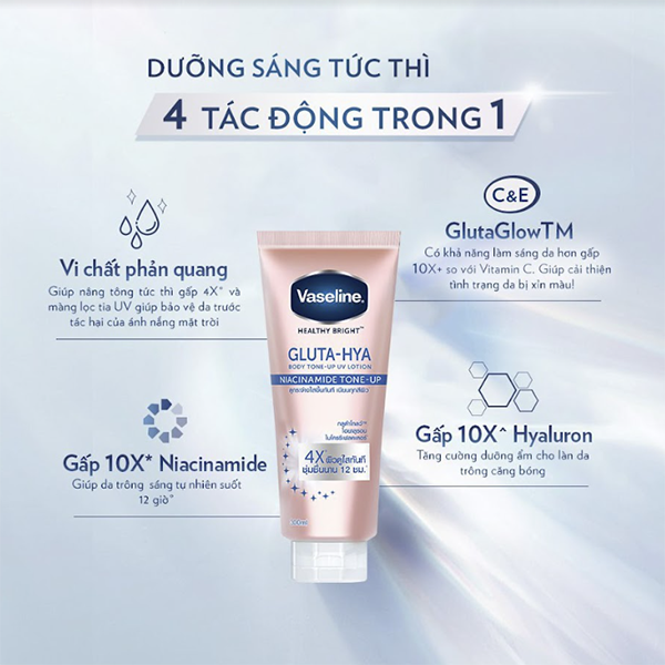 Combo 2 Vaseline Gluta-Hya Dưỡng Thể Nâng Tông Tức Thì Gấp 4x 300ML/tuýp