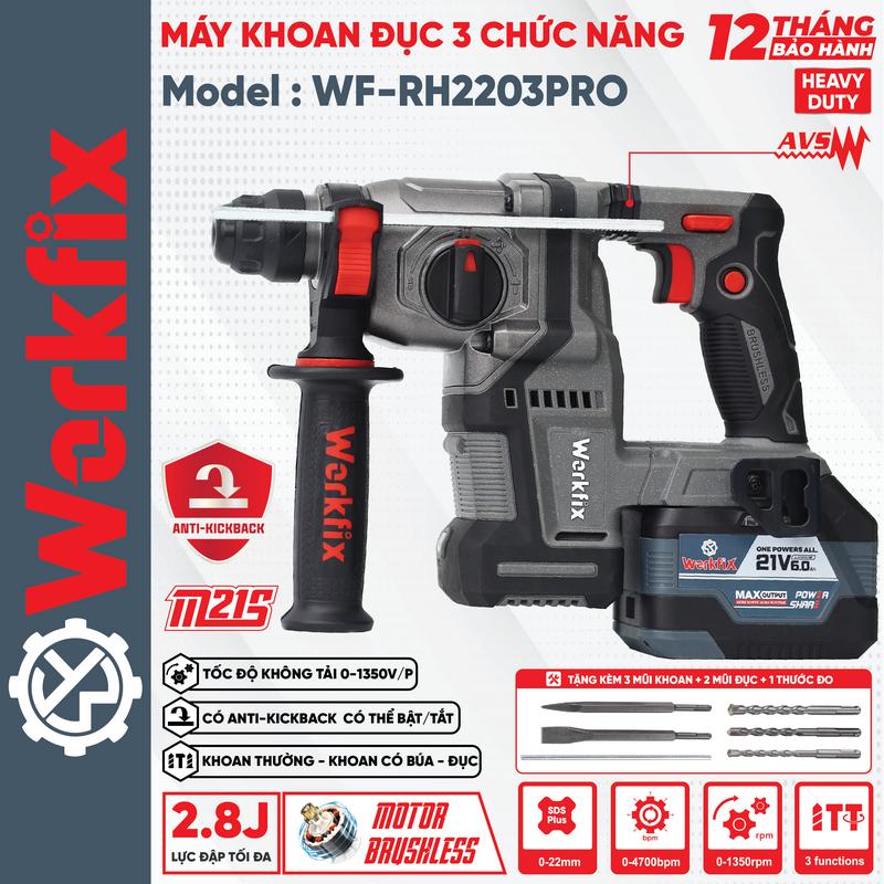 Máy Khoan Đục Bê Tông 3 Chức Năng Dùng Pin 21V Workfix - WF-RH2203PRO - MÀU XÁM - Có Anti-kickback - Chân Pin Phổ thông 2 Pin 21V/6Ah - Động Cơ Từ Lõi Đồng