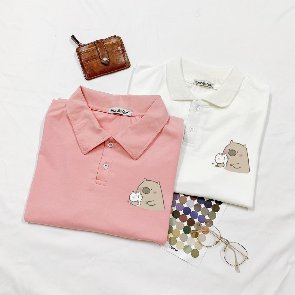 Polo Áo Thun Tay Lỡ Unisex Gấu Ôm Mèo Ulzzang
