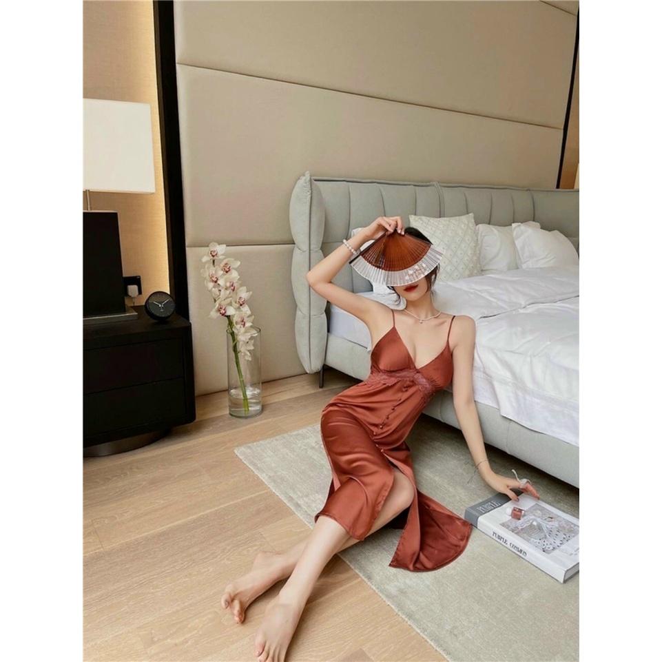 Váy 2 Dây Nữ Liền Thân Chất Lụa Trơn Cao Cấp Phối Ren Có Mút Ngực Váy Xẻ Tà Freesize QC533250