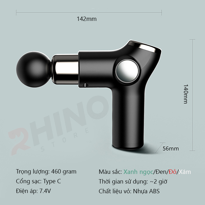 Máy massage cầm tay Rhino MG202 - 6 cấp độ, 4 đầu tiện dụng, pin sạc type C, hỗ trợ mát xa tại nhà, giảm đau, nhức mỏi cơ, cứng khớp