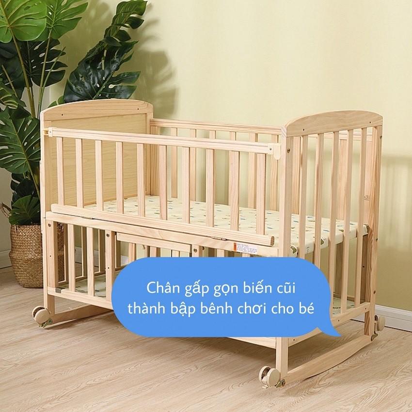 Nôi cũi gỗ cho bé đa năng kèm màn, có bánh xe. Chất liệu gỗ thông, kích thước 105*60*90cm. KAWAII HOME