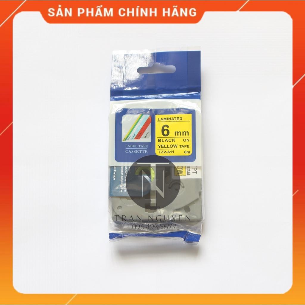 Nhãn In đa lớp Tz2 -611- Đen nền vàng 6mm x 8m - Hàng nhập khẩu