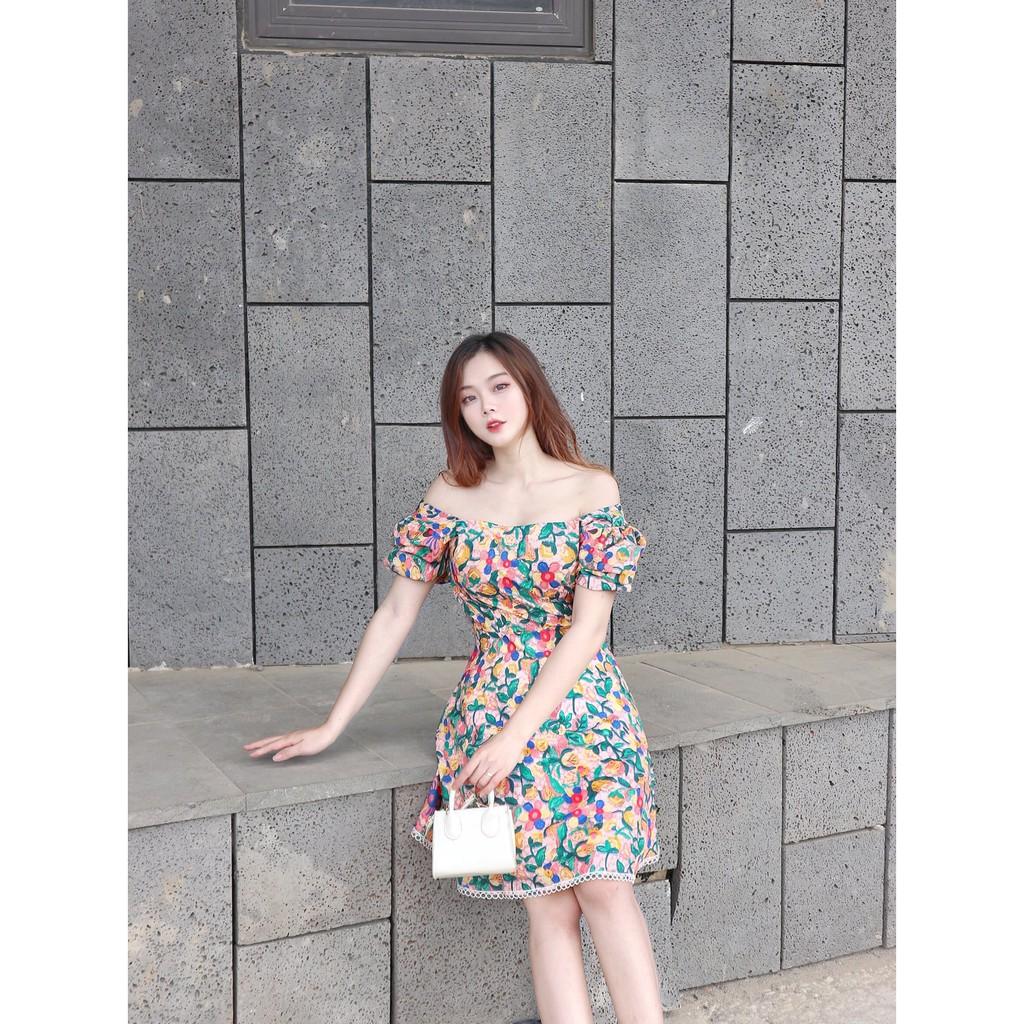 ĐẦM DỰ TIỆC HOA NHÍ LỤA TRƯỢT CỔ VUÔNG TAY LỠ PHỒNG DÁNG XÒE VIỀN REN-hình thật shop chụp