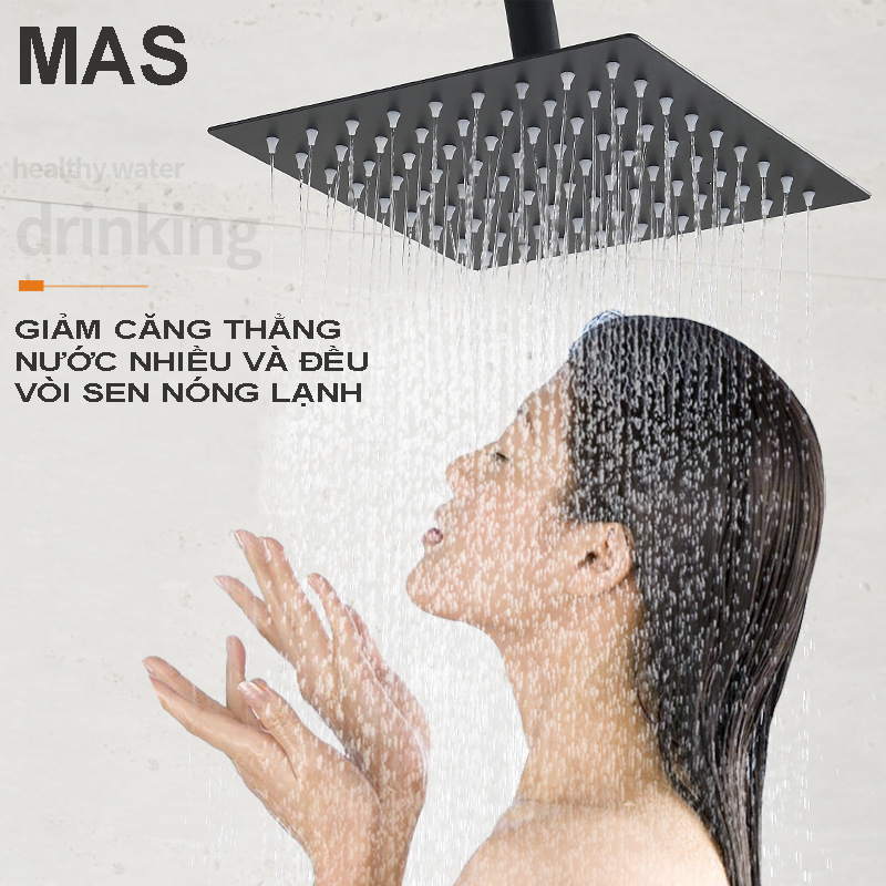 Vòi sen, Sen cây, sen tắm đứng nóng lạnh VUÔNG INOX sơn tĩnh điện màu ĐEN 4 chức năng, củ sen đồng vàng