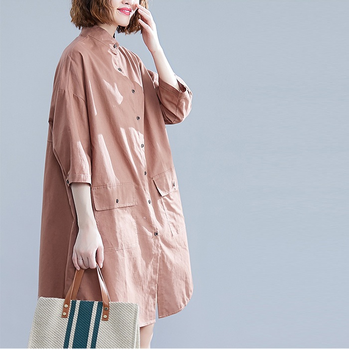 Đầm suông sơ mi form rộng chất thô 2 túi, thời trang trẻ phong cách Hàn