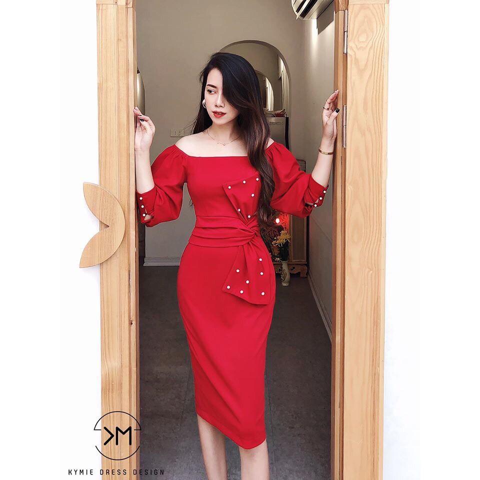 Đầm body tay lửng kết hạt eo nơ xinh yêu