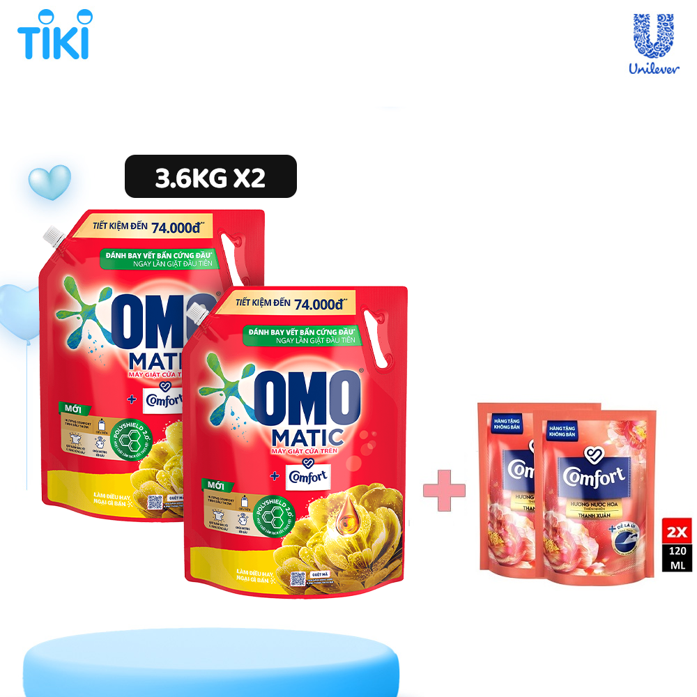 Combo 2 Túi Nước Giặt Omo Matic Máy Giặt Cửa Trên Hương Comfort Tinh Dầu Thơm Xoáy Bay Vết Bẩn Thơm Bền Lâu 3.6Kg + 2 Nước Xả Comfort 120ml Ngẫu Nhiên