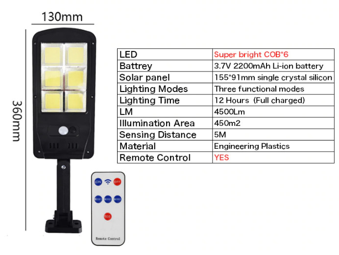 Đèn LED COB năng lượng mặt trời liền thể 60w (cảm biến chuyển động, cảm biến ánh sáng)