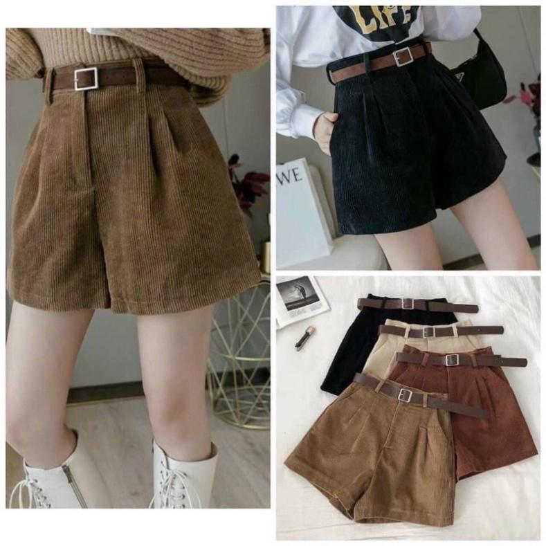 Quần short nhung kèm thắt lưng ulzzang nữ tính, mầu đen, trắng, be, nâu tây, cocoland