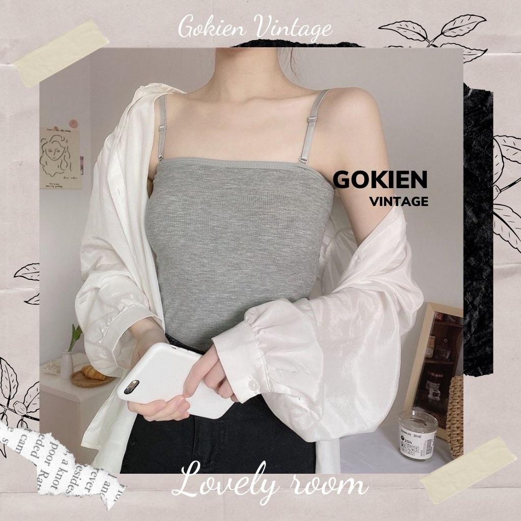 Áo hai dây ôm sát vải cotton mịn co giãn dây có chốt điều chỉnh, GOKIEN VINTAGE