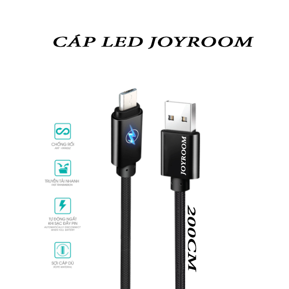 Cáp Sạc Nhanh Dài 2m Đèn Led Thông Báo Sạc Đầy,Bộc Dù Cổng Micro USB Cho ĐT OPPO,SAMSUNG,VIVO,XIAOMI... - Joyroom - Hàng Chính Hãng