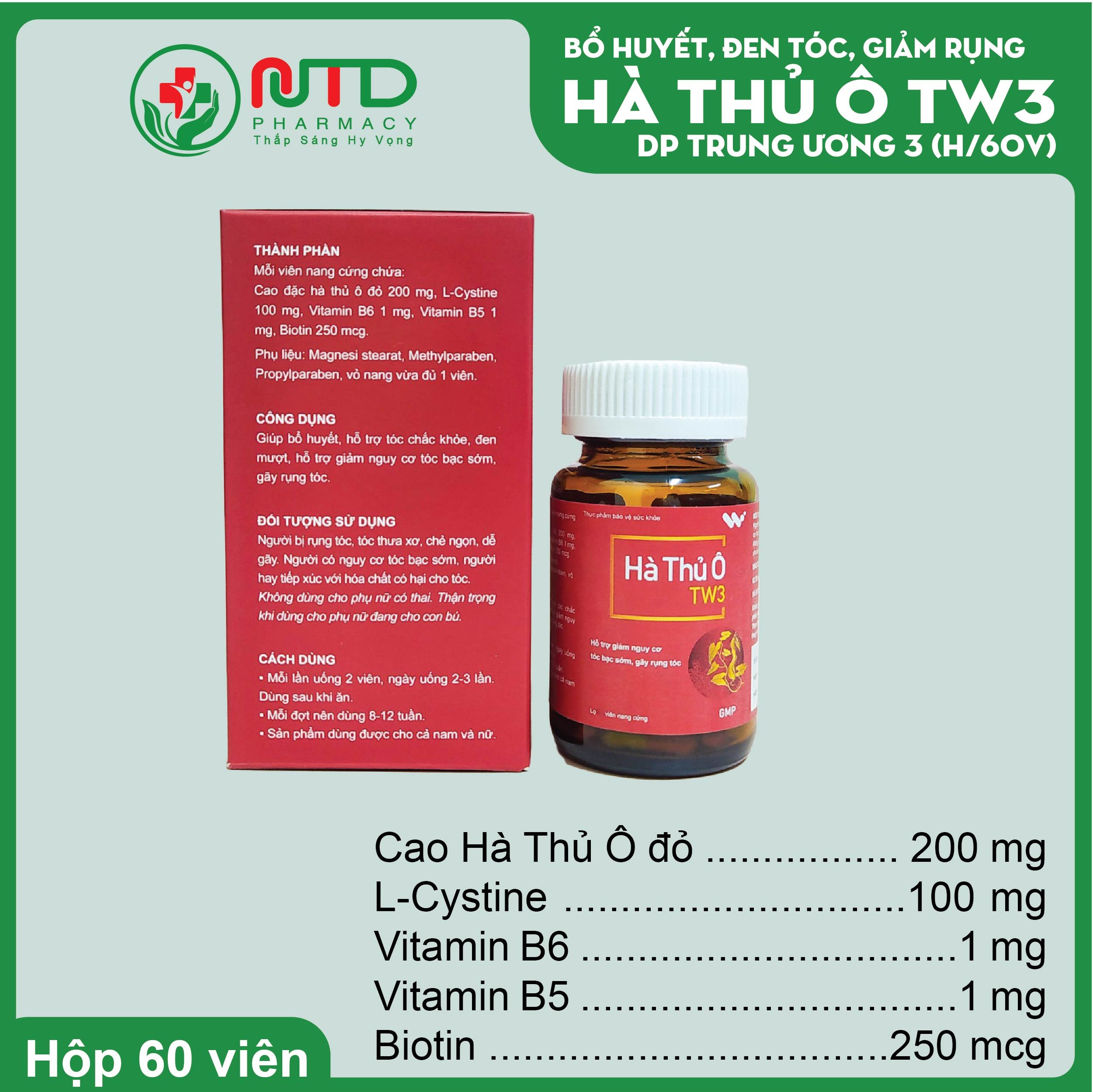 Thực phẩm bảo vệ sức khỏe: HÀ THỦ Ô TW3 LỌ 60 VIÊN - Ngăn ngừa bạc tóc, kích thích mọc tóc, giảm rụng tóc và chăm sóc sức khỏe tóc