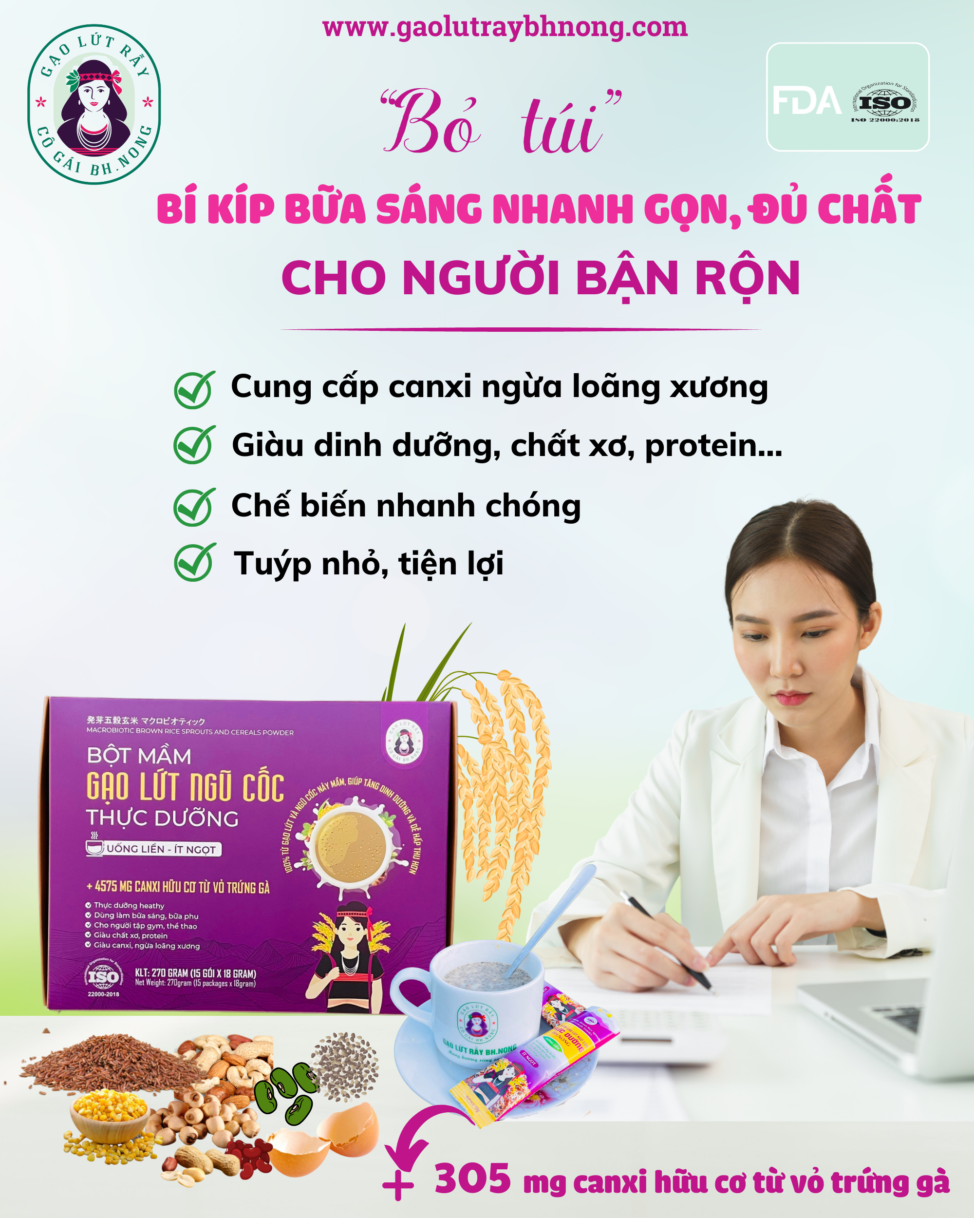 Bột mầm gạo lứt ăn sáng tiện lợi, ít ngọt – Cô gái BH.NÔNG