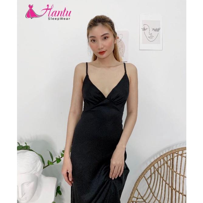 Váy ngủ lụa 2 dây dáng dài qua gối mặc nhà ,đi chơi sang trọng tặng kèm chip ren gợi cảm