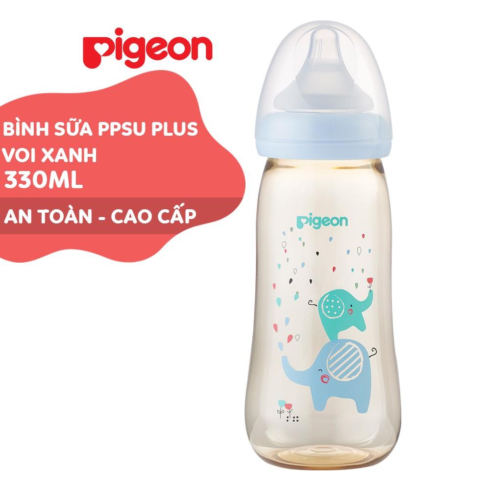 Bình sữa cổ rộng PPSU Plus Voi xanh/ Thỏ hồng Pigeon 330ml