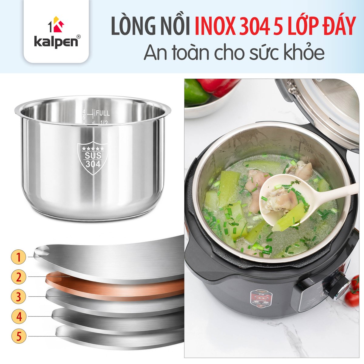Nồi áp suất điện lòng nồi inox 304 dung tích 6L, Núm vặn cơ dễ sử dụng KALPEN P8 - Hàng chính hãng