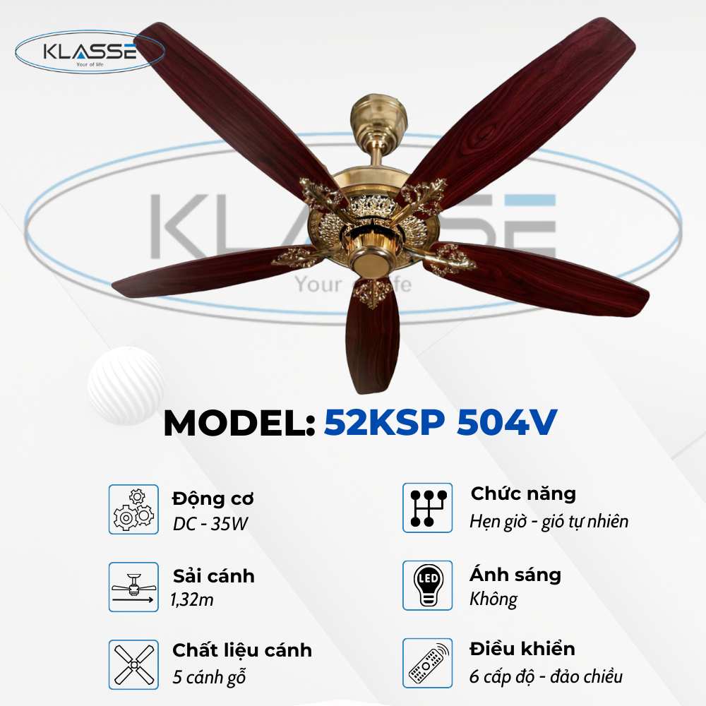 Quạt trần cánh gỗ không đèn Klasse 52KSP 504V Hàng chính hãng