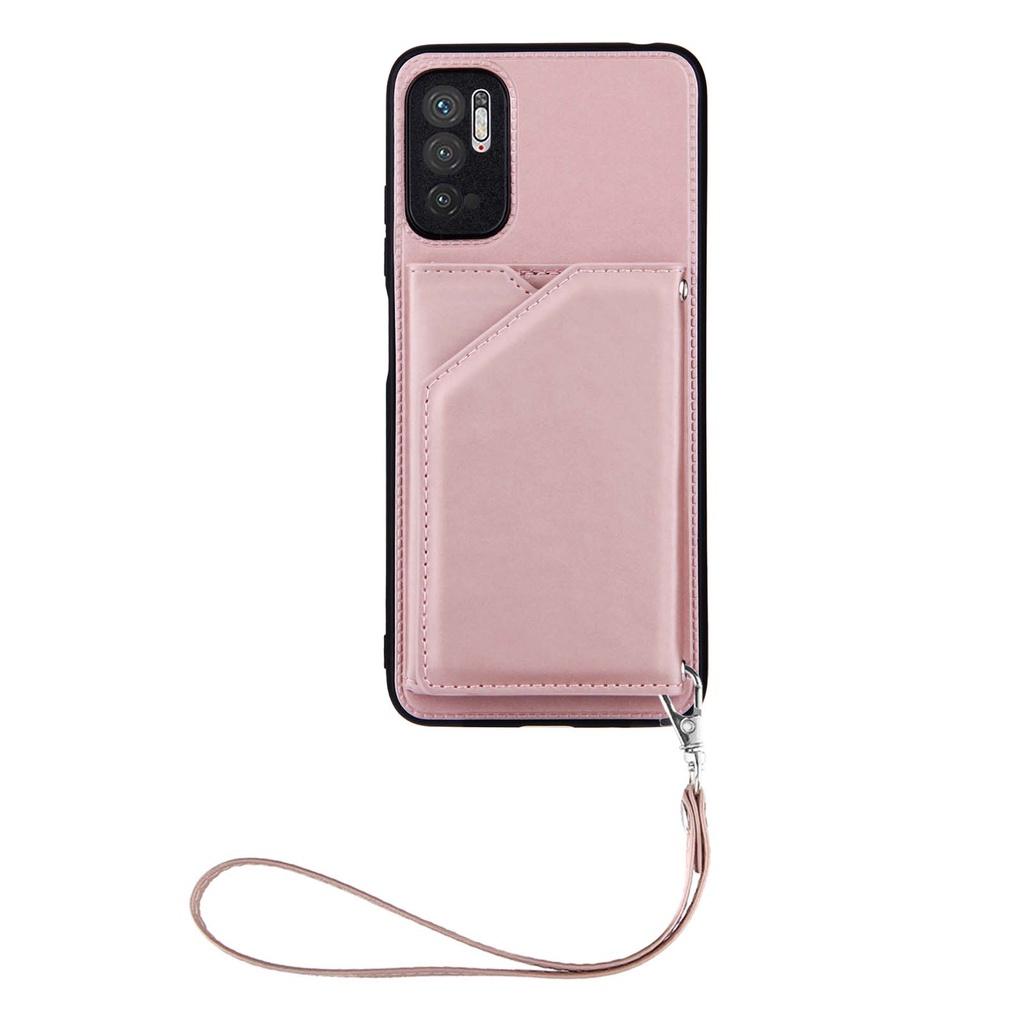 Ốp điện thoại da kiểu ví lật có ngăn đựng thẻ và dây đeo cổ tay cho Xiaomi Redmi Note 10 5G