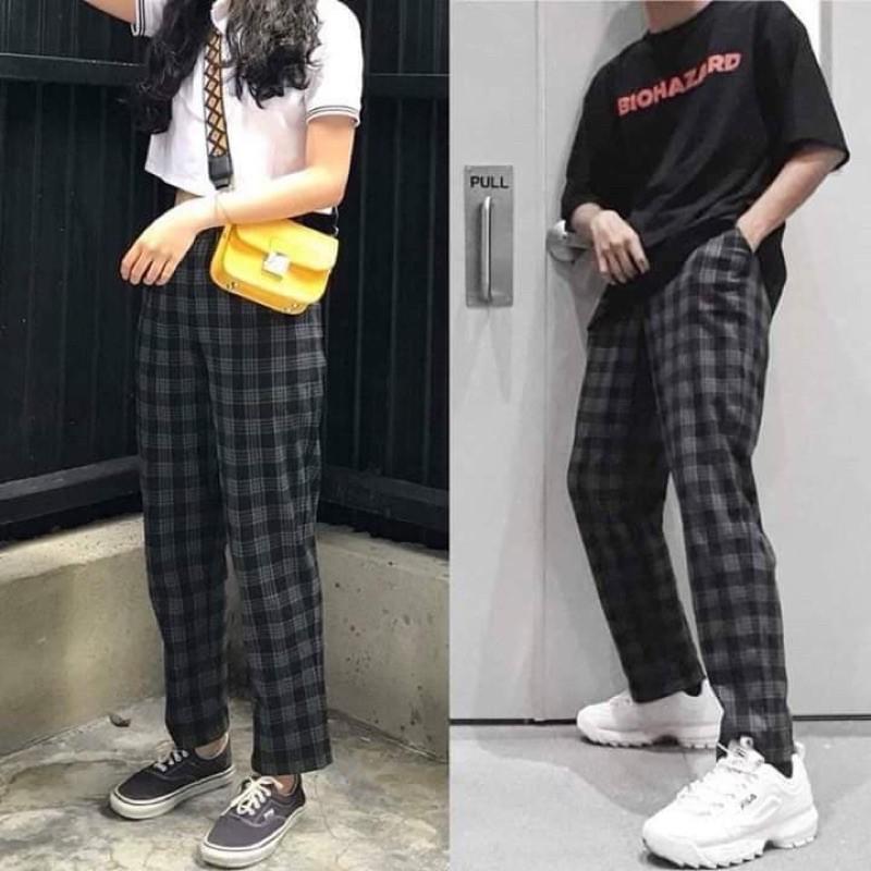 Quần sọc caro XANH ống suông ️ Nam nữ unisex Quần baggy caro Jaystoree