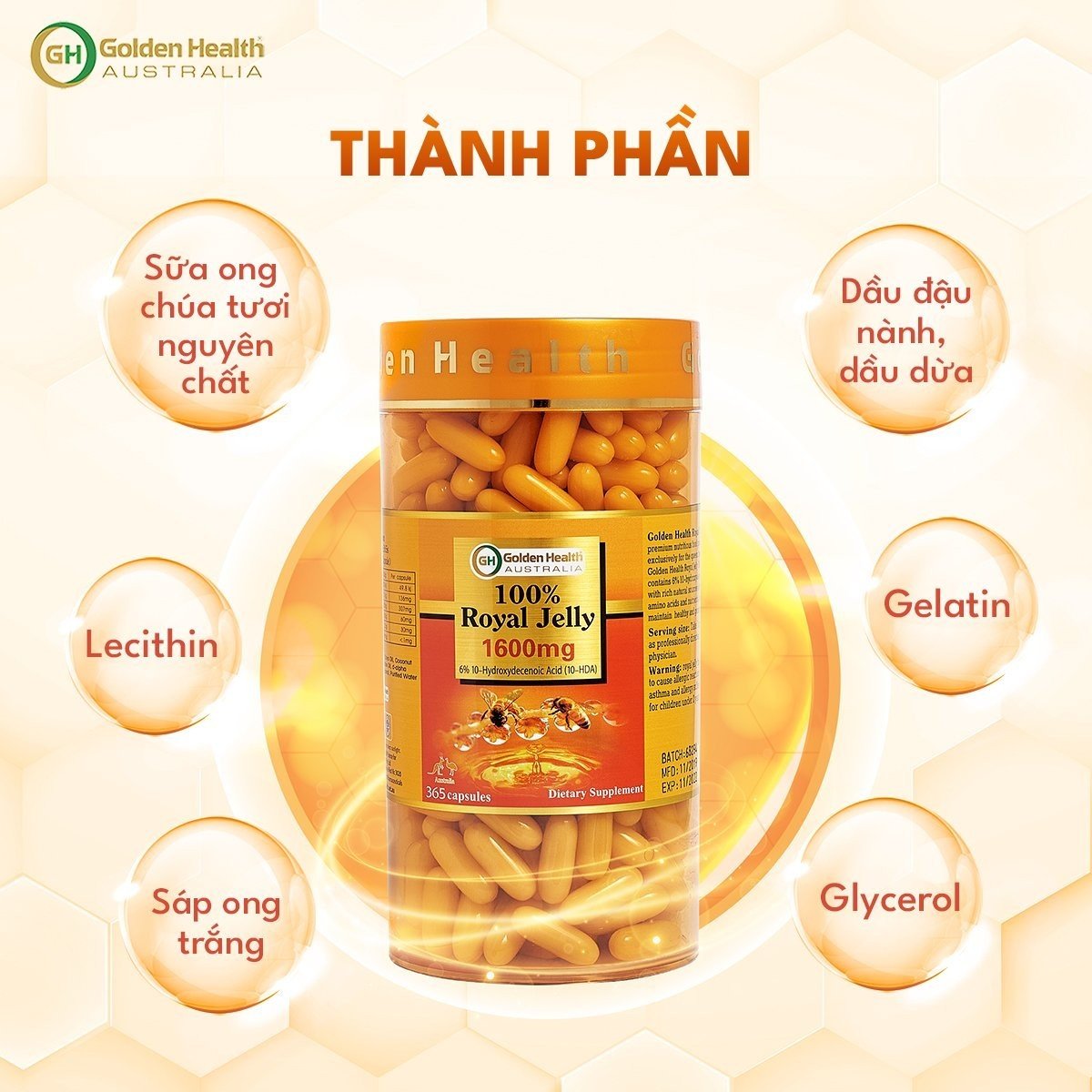 Viên Uống Sữa Ong Chúa Golden Health Royal Jelly 1600mg Hộp 365 Viên, Giúp Da Chống Lão Hóa, Nám, Sạm, Chống Mất Ngủ, Bảo Vệ Sức Khỏe Toàn Diện - Nhập Khẩu Chính Ngạch Từ Úc - PHỤNG BEAUTY