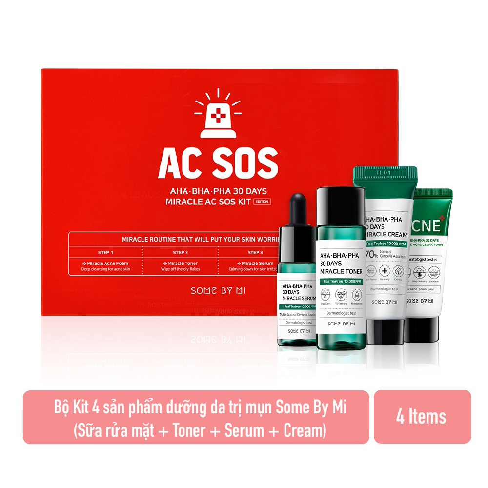 Set 4 Món Dưỡng Da Trị Mụn SOME BY MI AC SOS Kit AHA-BHA-PHA (Miracle Acne Clear Foam 30ml - Miracle Toner 30ml - Miracle Serum 10ml - Miracle Cream 20g)