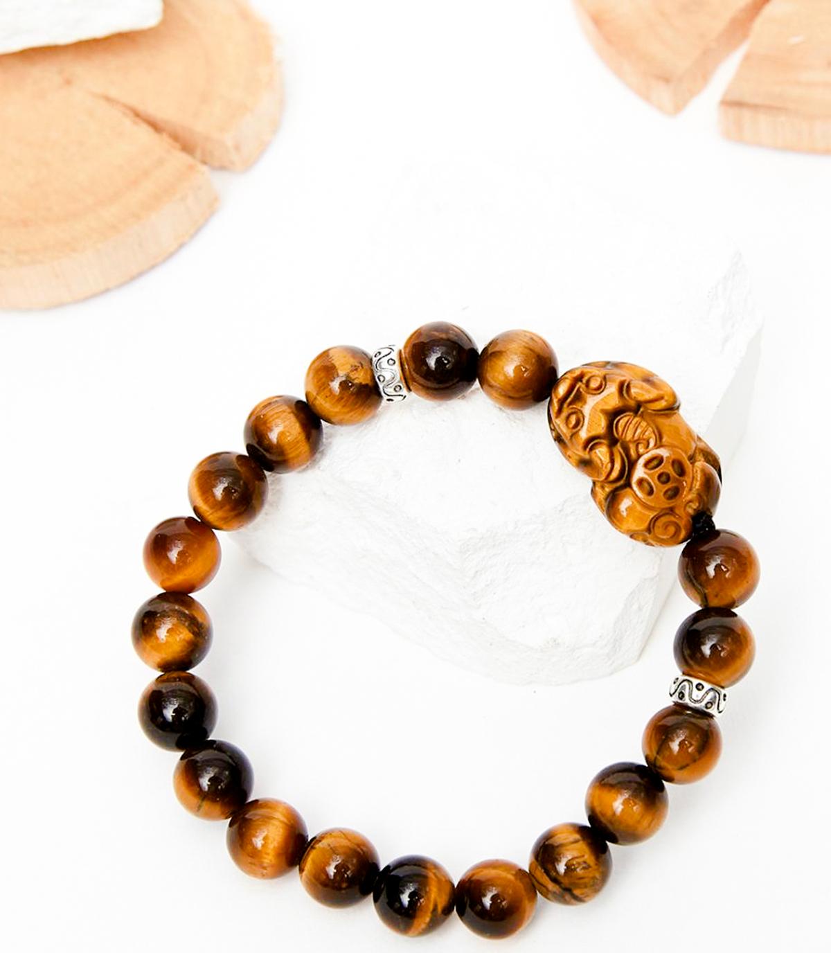 Vòng tay đá thạch anh mắt hổ vàng nâu phối tỳ hưu đá mệnh thổ, kim - Ngọc Quý Gemstones