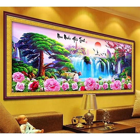 Tranh đính đá Non nước hữu tình 200x85cm - tranh chưa đính DF249