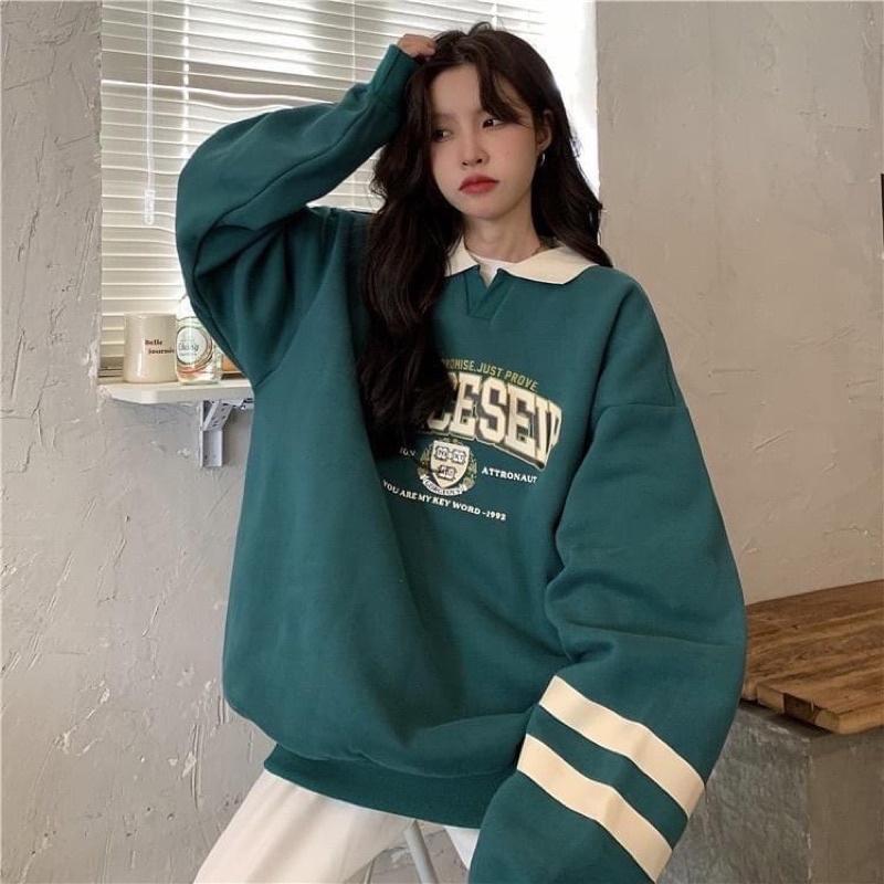 Áo Sweater Polo Nỉ Bông Unisex SPACESHIP màu XANH form rộng ️ Chất nỉ form nam nữ unisex/Áo tay dài có cổ Jaystoree