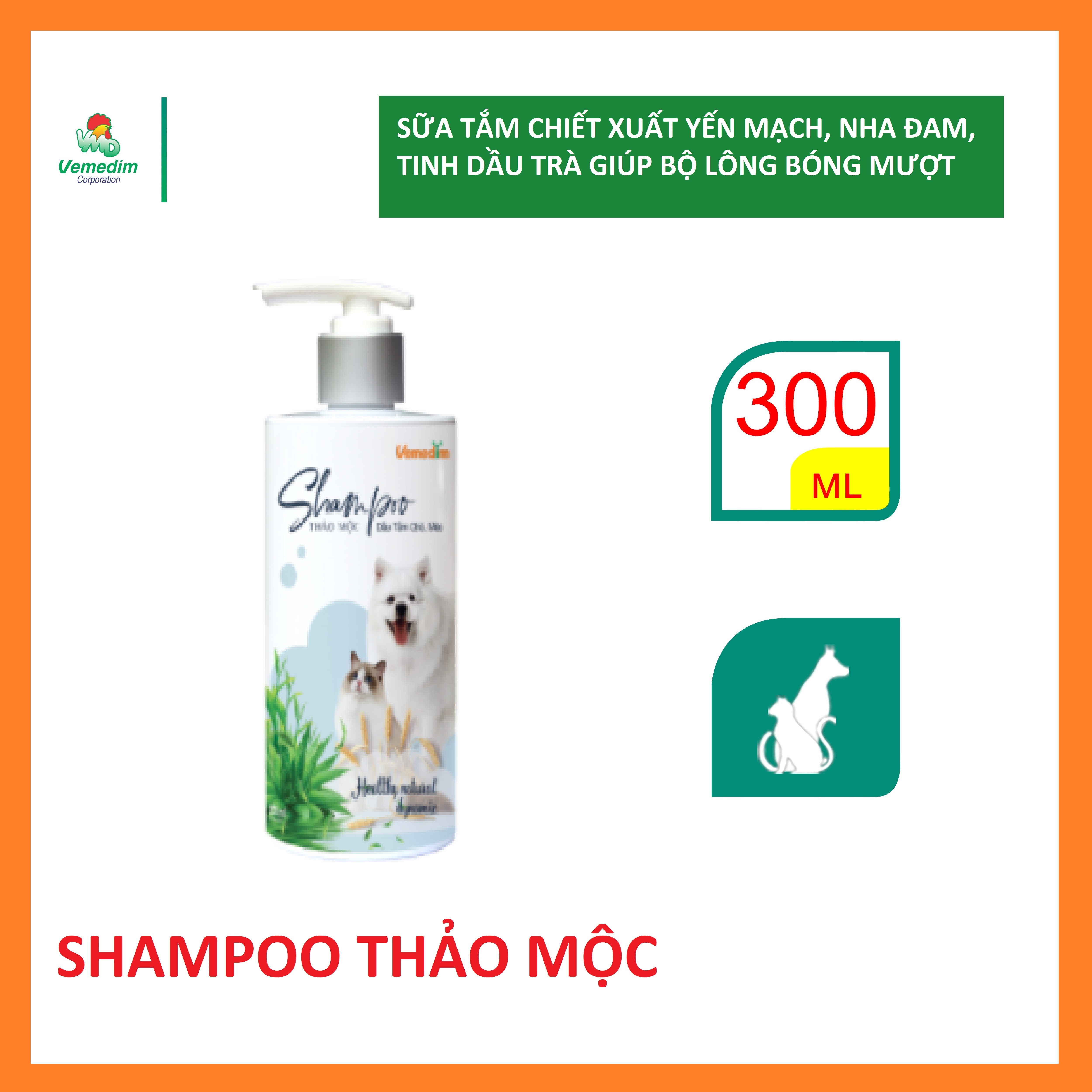 Vemedim Shampo thảo mộc sữa tắm chó mèo dưỡng chất thiên nhiên giúp lông bóng mượt, chống xơ rối, chai 300ml