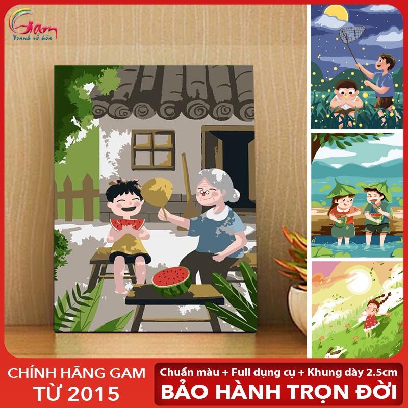 Tranh sơn dầu số hóa tự tô màu theo số Gam bộ tranh về tuổi thơ thời thơ ấu size 30x40cm đã căng khung