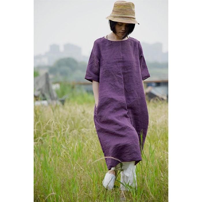 Đầm suông linen cổ tròn cơ bản trẻ trung không kén dáng mặc