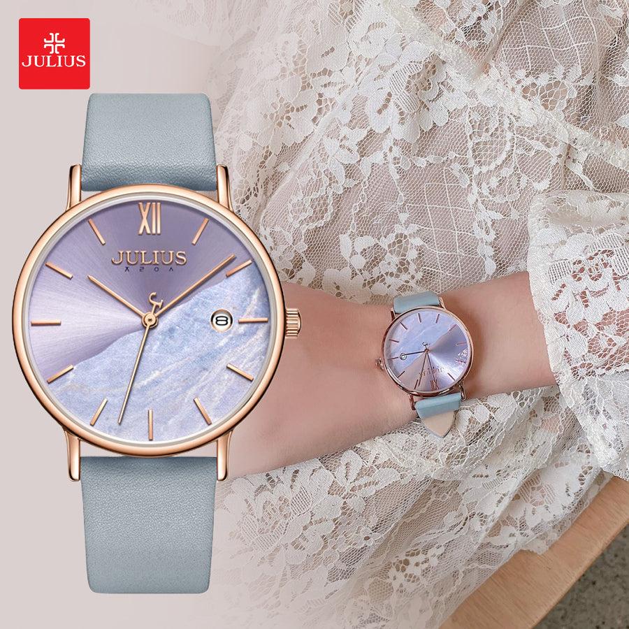Đồng Hồ Nữ Chính Hãng Julius Cao Cấp Dây Da Mặt Tròn Chống Nước Kính Khoáng Đường Kính 36mm JA-1312B