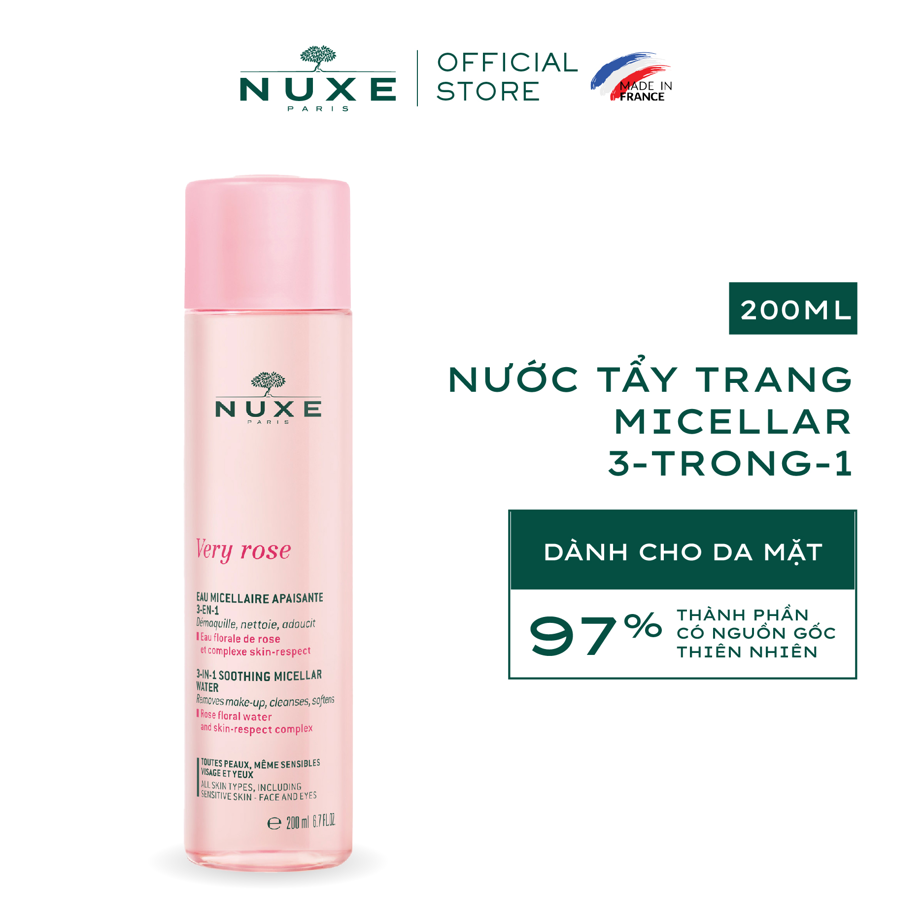 Nước tẩy trang Micellar 3 trong 1 Nuxe Very Rose 200ml