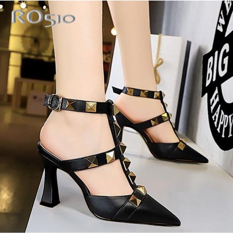 Giày sandal nữ cao gót 6 phân hàng hiệu rosata đẹp hai màu đen nâu ro510