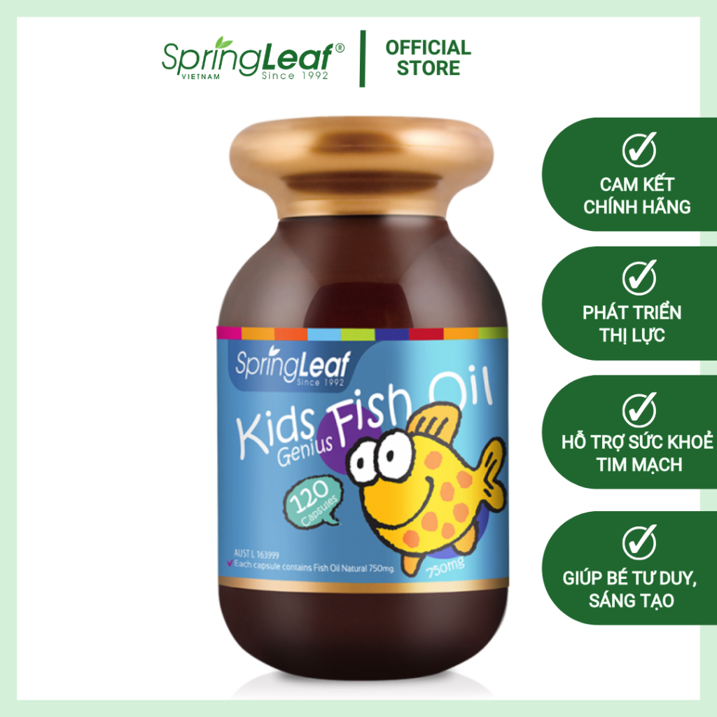 Viên uống dầu cá hỗ trợ sáng mắt và phát triển trí não cho bé SpringLeaf Kids Genius Fish Oil 750mg 120 viên