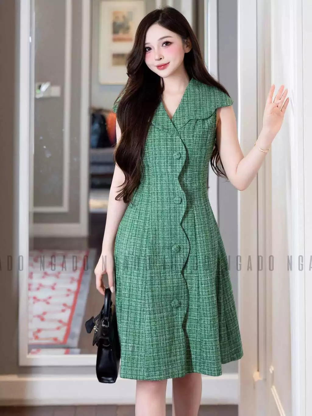 Đầm tweed xanh cổ vest NGADO , đầm ngắn dự tiệc