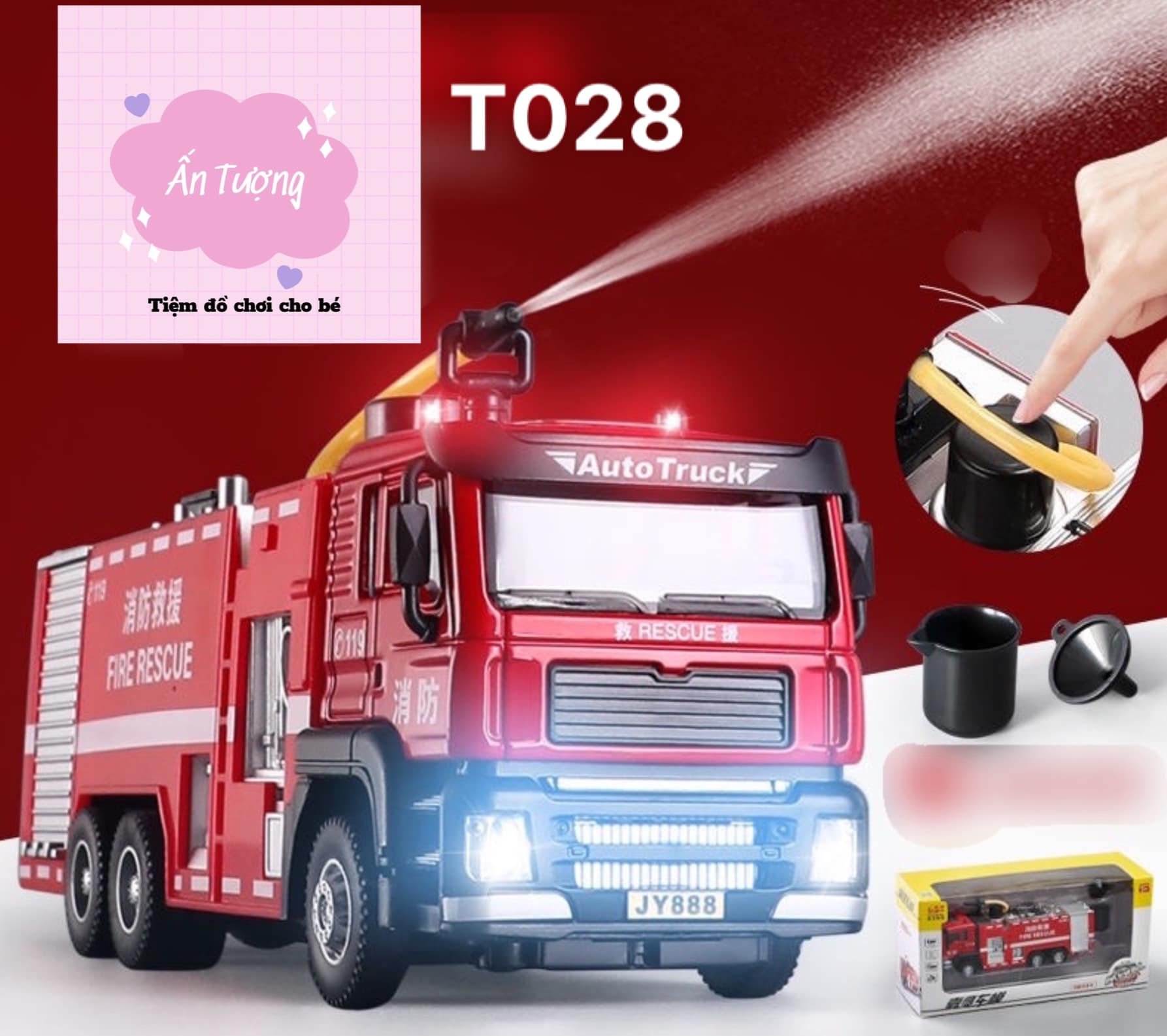 Đồ chơi mô hình xe cứu hỏa phun nước thật, đầu xe bằng kim loại chi tiết sắc sảo, chạy đà rất xa