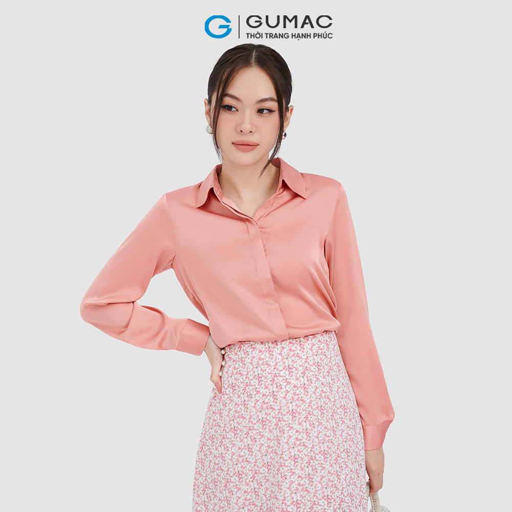 Áo sơ mi nữ GUMAC AC10041 vải lụa tay dài giấu nút công sở